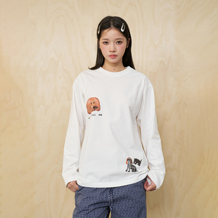 MoodLikeMe「夏日彩绘」水彩画小狗印花长袖T恤2025圆领打底上衣