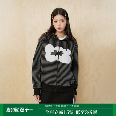 MoodLikeMe「异度花园」黑灰条纹连帽卫衣2025春季花朵贴布绣开衫