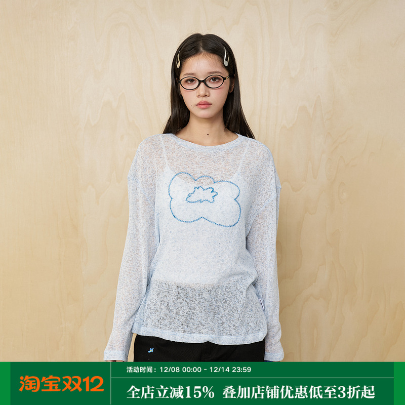 MoodLikeMe「雪落沙滩」透视针织花朵刺绣长袖T恤2025春透气上衣