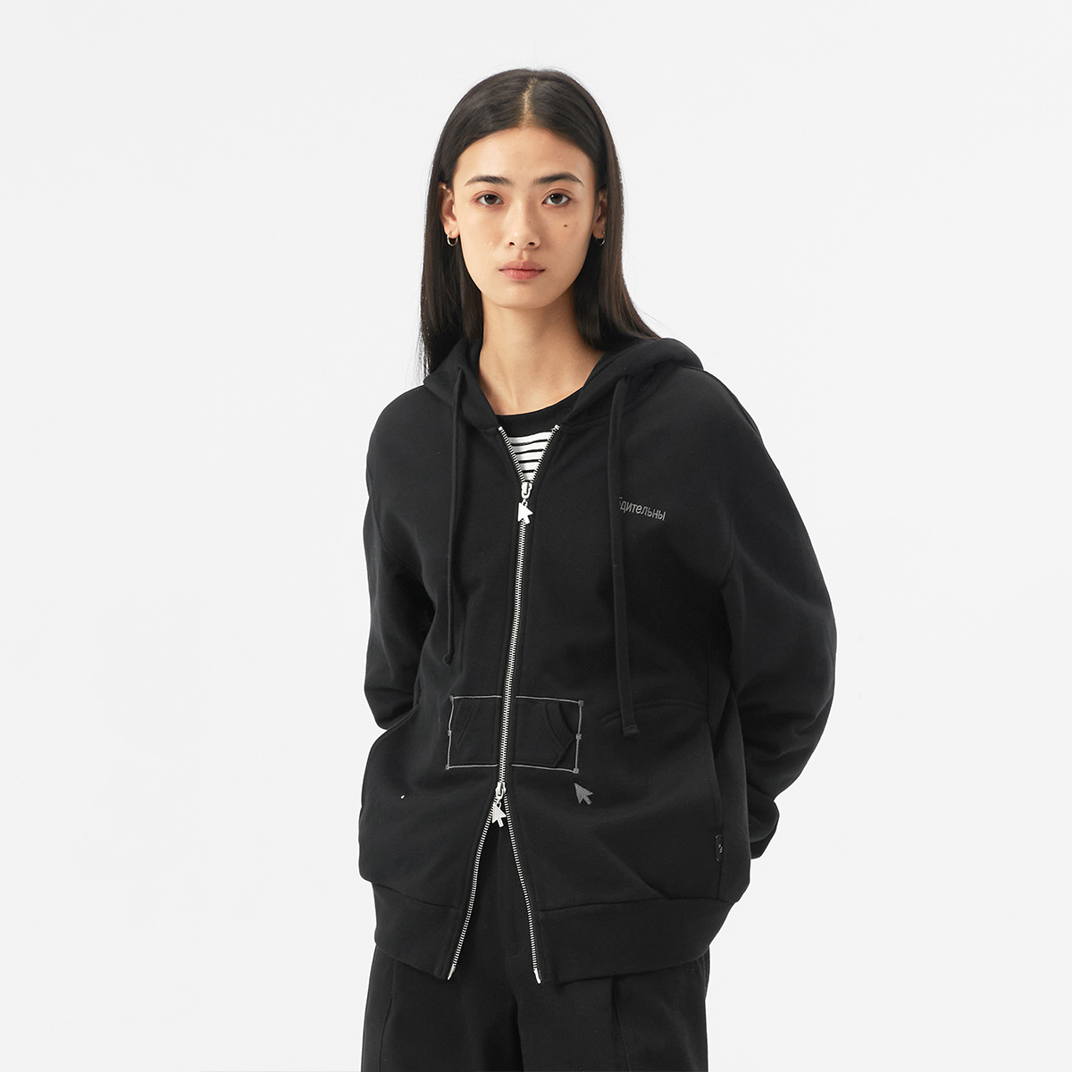 FMACM 箭头“缩小口袋”俄文刺绣双开拉链2024春秋连帽开衫卫衣