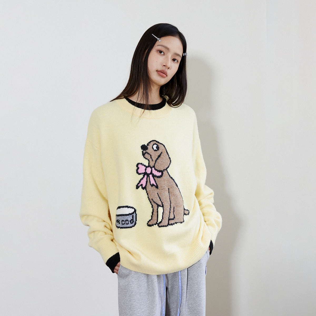 MoodLikeMe「我的饭搭子」卡通情侣提花小狗针织2024秋冬软糯毛衣