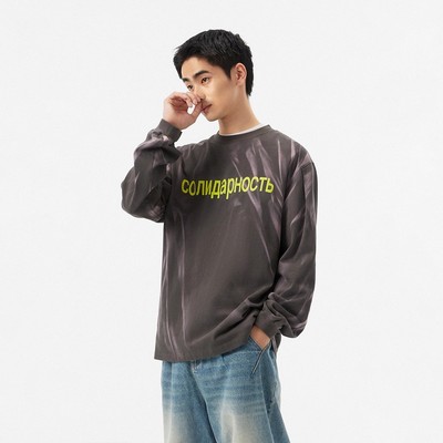 FMACM闷与狂 染色水洗复古做旧重磅全棉俄文印花2024春秋长袖T恤