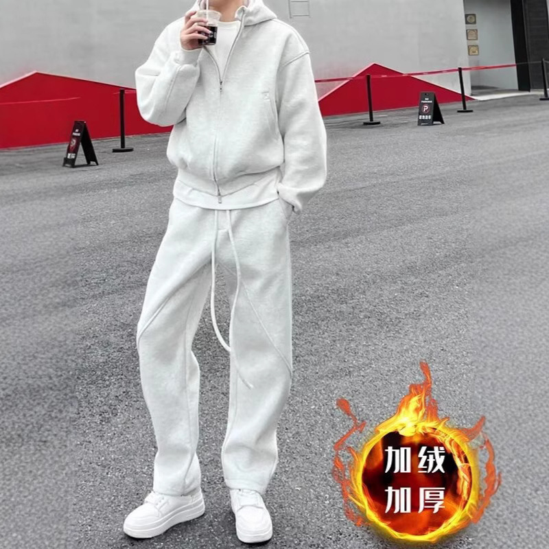 秋冬高质量棉质加厚休闲运动套装男宽松连帽卫衣加绒常规一整套