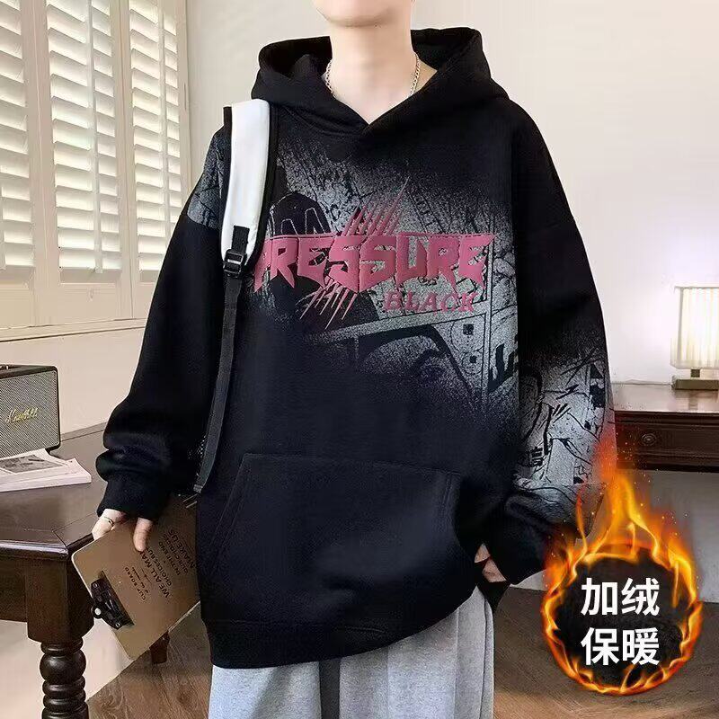 特大码街头潮品高街ins超火小众设计感秋冬加绒常规印花连帽卫衣