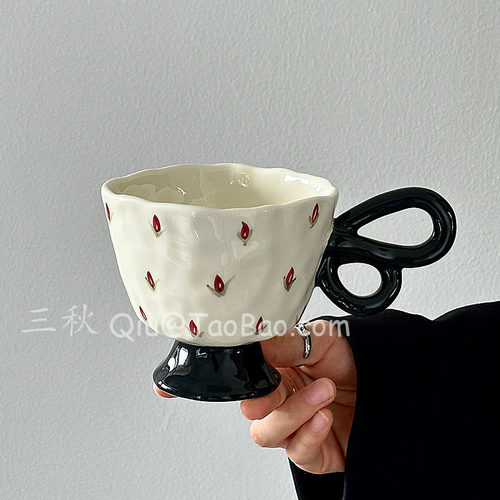 KAFELEX三秋Sanq复古手作碎花蝴蝶把手中古马克杯水杯陶瓷咖啡杯