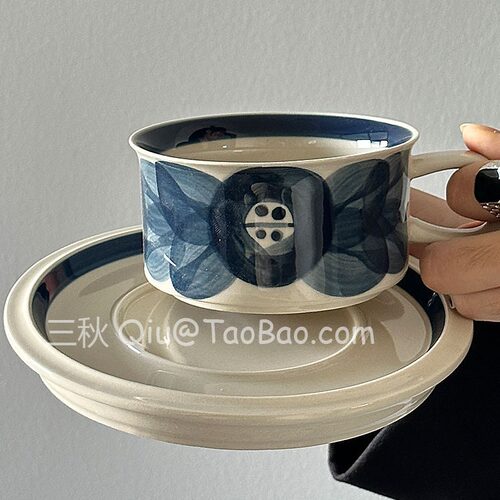 KAFELEX三秋中古风手绘蓝色海葵咖啡拿铁杯拉花杯下午茶杯碟复古