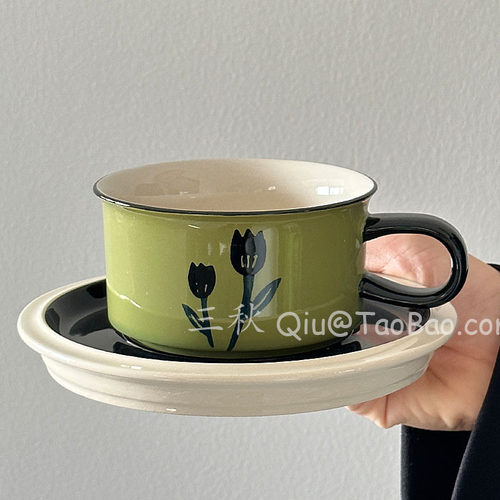 KAFELEX三秋Sanq复古手绘绿郁金香咖啡杯碟中古风下午茶杯拿铁杯