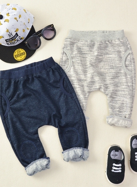 20爆款秋款男童女童宝宝毛圈料仿牛仔宽松大PP膝盖补丁哈伦裤长裤