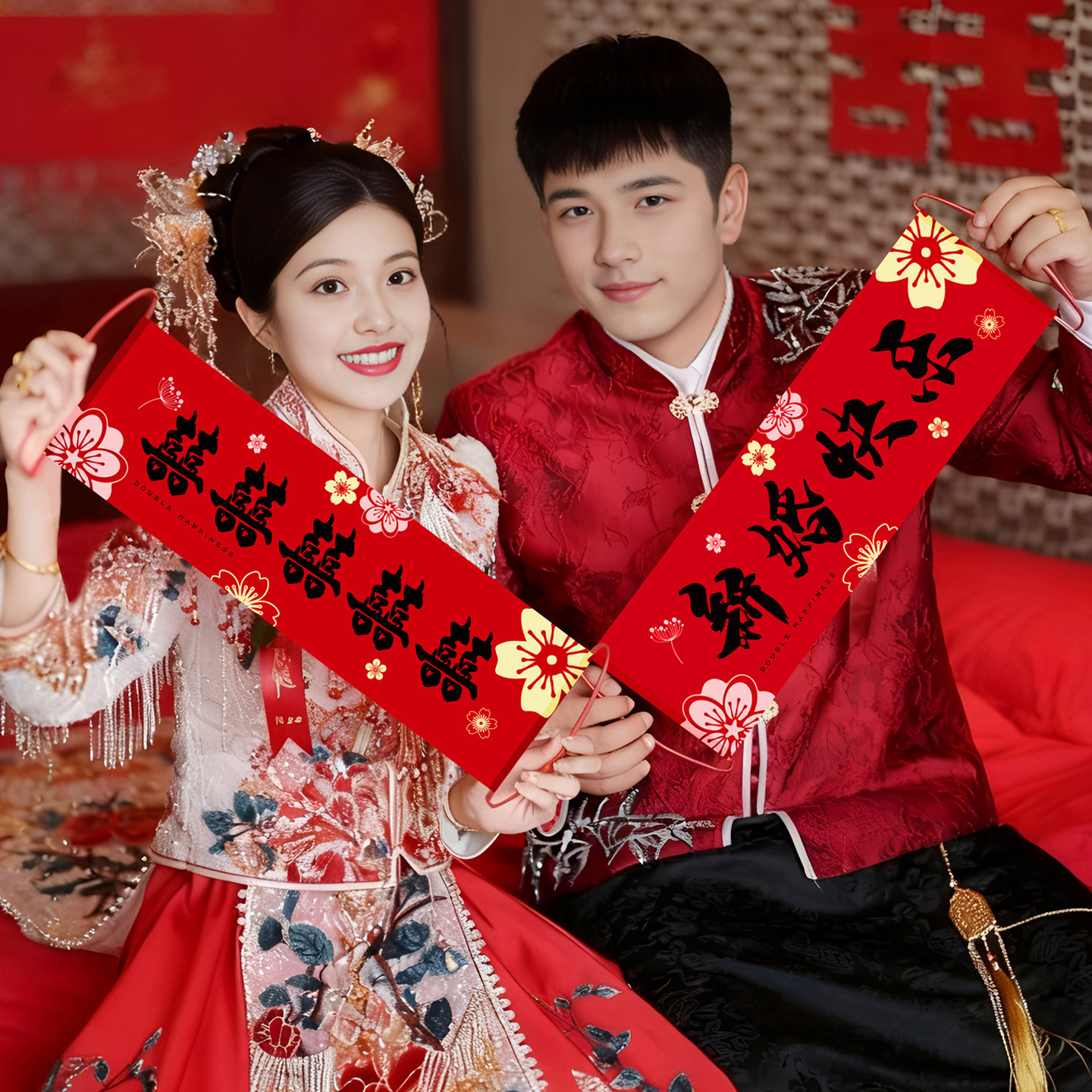 结婚接亲晨袍拍照手拉旗