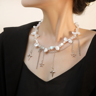 Diamond Star Cross Necklac Imitation Pearl Inlaid Minimalist