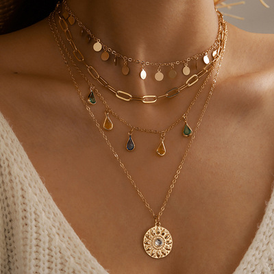 Geometric Disc Tassel Necklace Alloy Layered Pendant Necklac