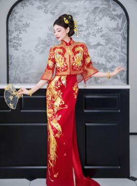 出租南枝同款新款旗袍婚服重工刺绣新娘结婚订婚礼服外套拖尾大码