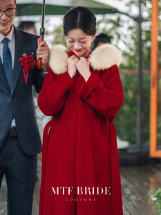 出租满庭芳【惊鸿】红色连帽大衣女秋冬款新娘回门双面毛呢外套