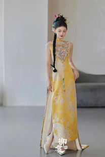 出租新中式黄色旗袍结婚订婚敬酒服2025新款拖尾晨袍重工敬茶礼服