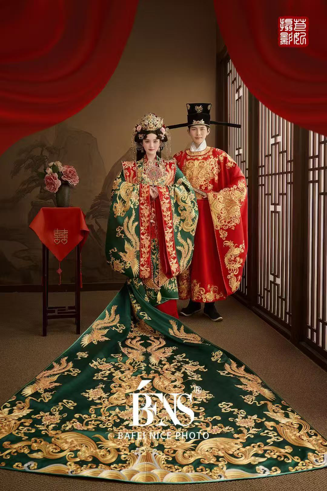 出租2025新款金宝红男绿女宋制汉服婚服刺绣结婚重工凤凰新娘礼服