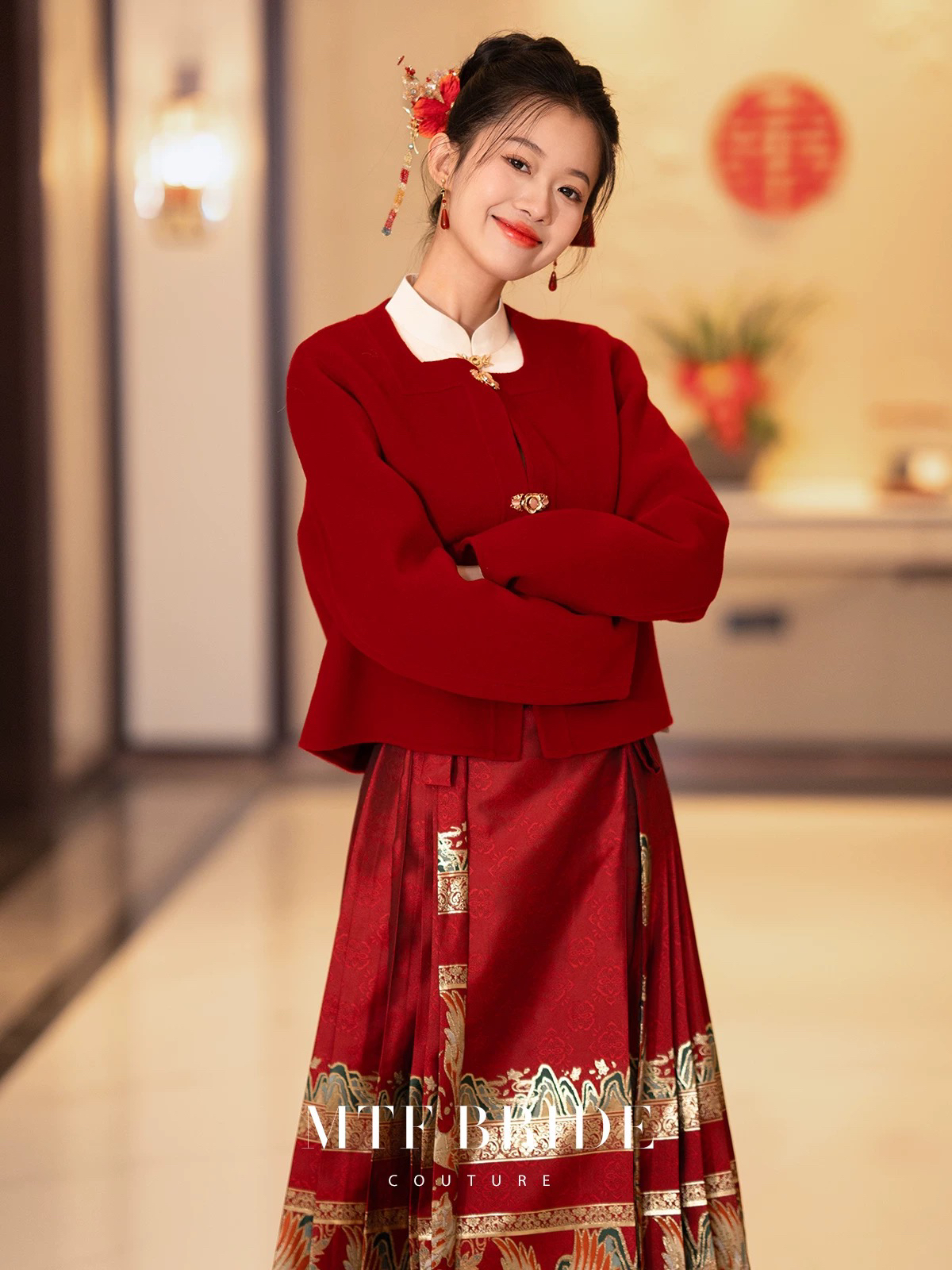 满庭芳【楚山晓】红色大衣敬酒服新中式上衣冬季新娘结婚全套出租