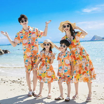 显白海岛亲子装夏一家三四口海边度假速干沙滩裙全家三亚旅拍套装