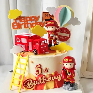 消防员摆件情景救护车灭火器消防车儿童男孩生日装扮蛋糕烘焙装饰