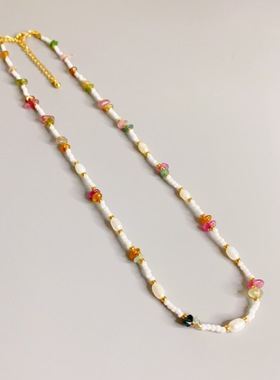 彩虹多彩锁骨链珍珠项链不规则碧玺串珠天然石项链女