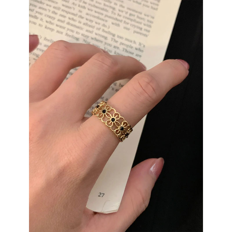 14K金不锈钢镂空花朵镶钻戒指女式开口指环太阳花 不掉色