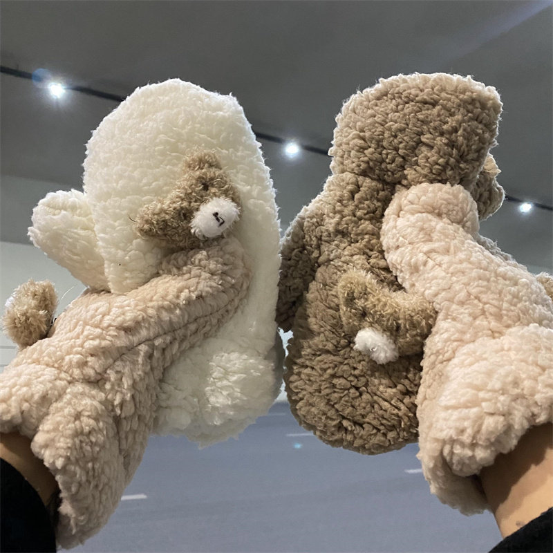 小熊毛绒手套女冬季加绒加厚保暖学生骑车防风骑行防寒可爱挂脖潮