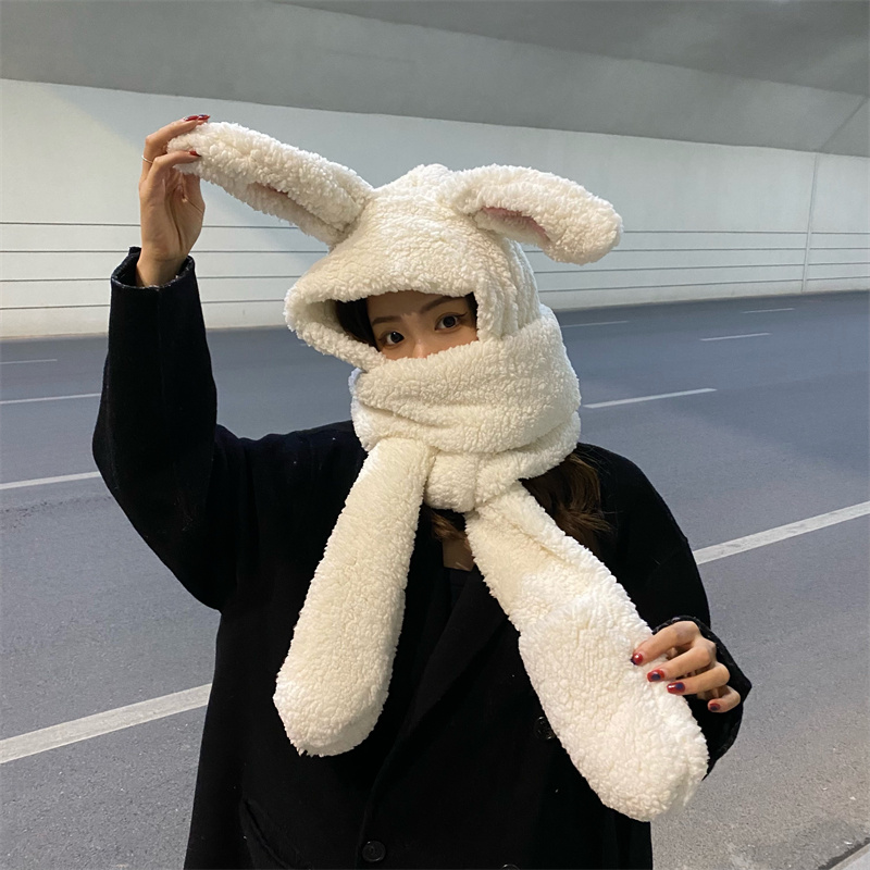 ins兔子耳朵帽子围巾一体女可爱加厚保暖毛绒防寒护耳手套雷锋帽