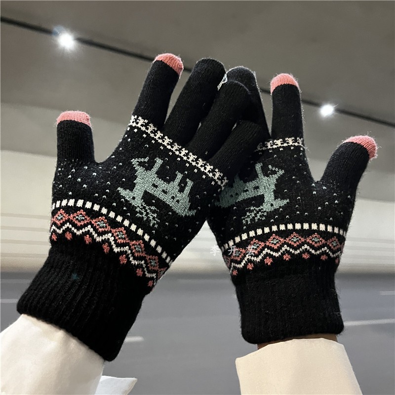 双层加厚保暖五指针织手套女冬季学生百搭防冻防寒骑车骑行男冬天
