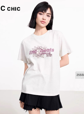 LINCCHIC金羽杰短袖上衣女圆领宽松廓形印花T恤女S252TS381