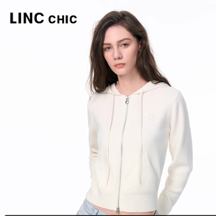 LINC金羽杰2025年秋新款 外套女S253CR506 针织绵羊毛连帽针织开衫