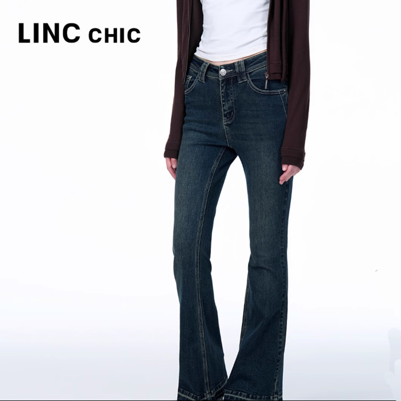 LINC金羽杰2025年秋季新款裤子女做旧弹力微喇牛仔裤女S253JE445