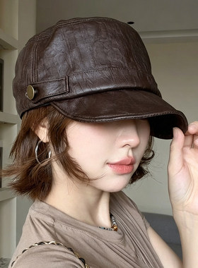 美式复古PU皮金属扣鸭舌帽女款