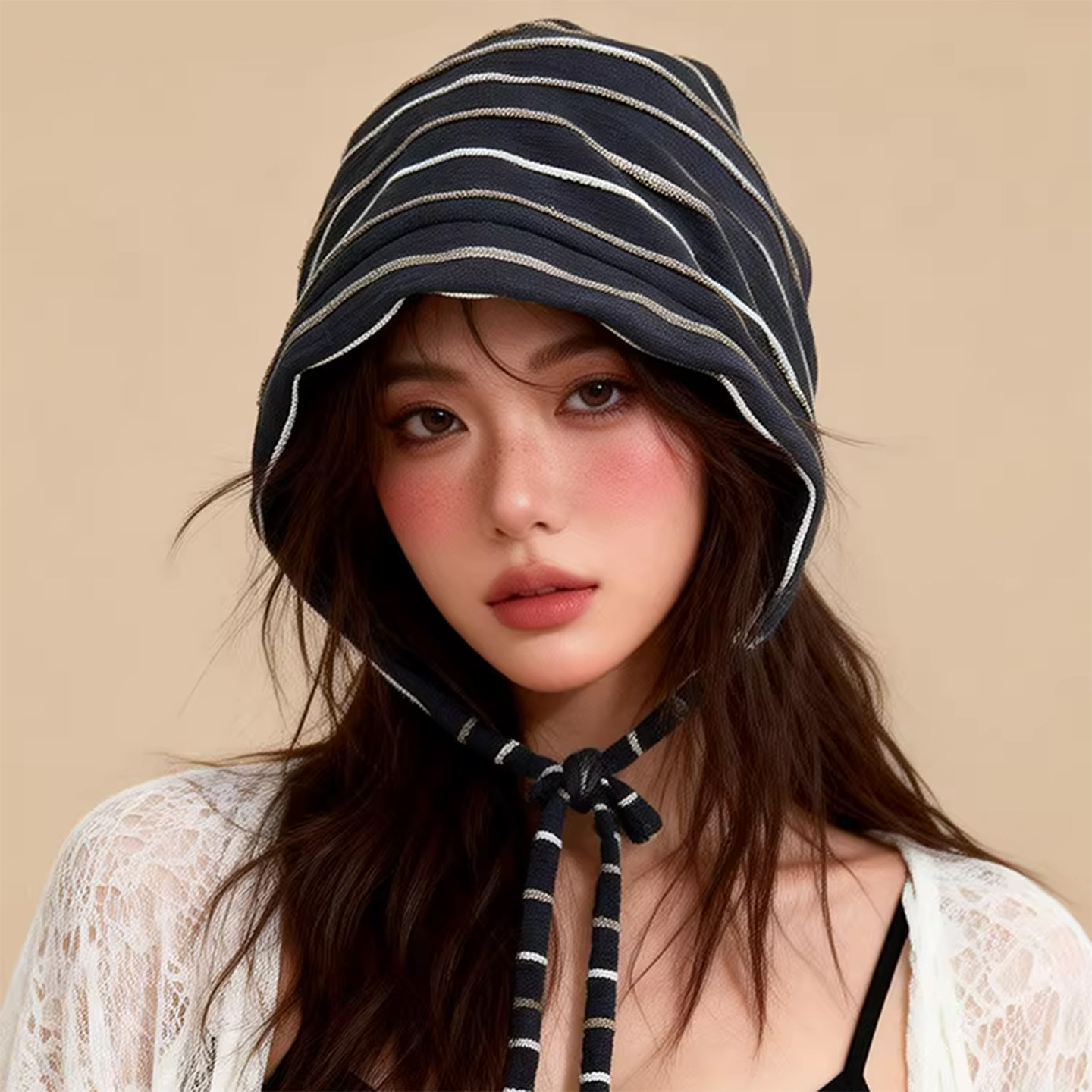韩系护耳条纹堆堆帽女秋冬显脸小