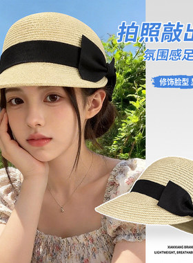 蝴蝶结草编防晒显脸小鸭舌帽女