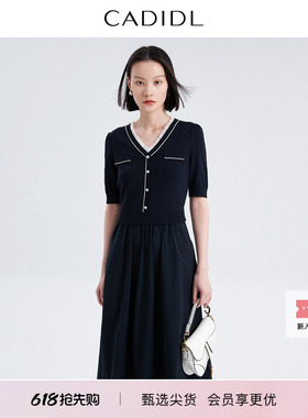 卡迪黛尔CADIDL连衣裙女2026新款春季黑色短袖V领中长款裙子