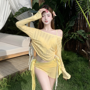 纯欲风少女奶黄色小胸钢托聚拢比基尼长袖 辣妹海岛度假泳衣女 罩衫