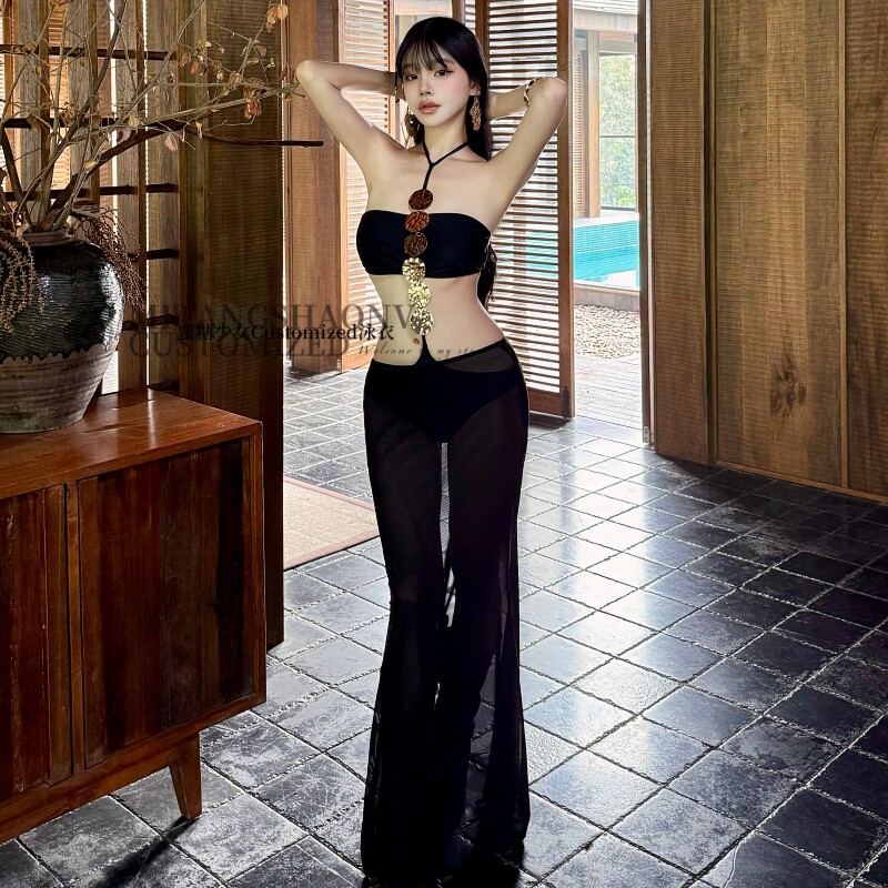 欧美辣妹性感重工金属黑色抹胸连体长裙泳衣女纯欲海边度假比基尼