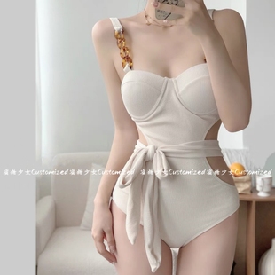 法式 纯欲风性感钢托聚拢连体吊带泳衣女高级感显瘦泡温泉度假泳装
