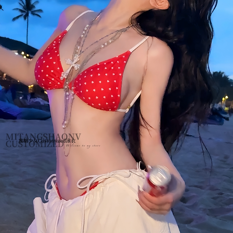 爆款欧美性感辣妹红色波点绑带三点式比基尼小胸海岛度假女神泳衣