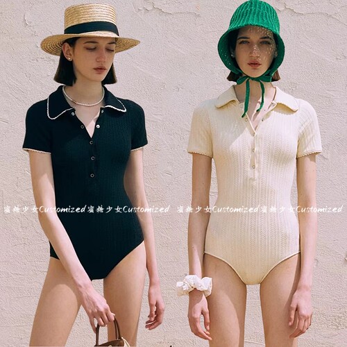 法式简约短袖Polo立领连体泳衣女