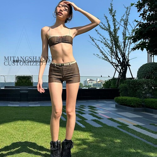 美式复古辣妹抹胸平角条纹比基尼