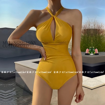 姜黄色交叉显胸大性感美背连体泳衣女高级感遮肚显瘦温泉度假泳装