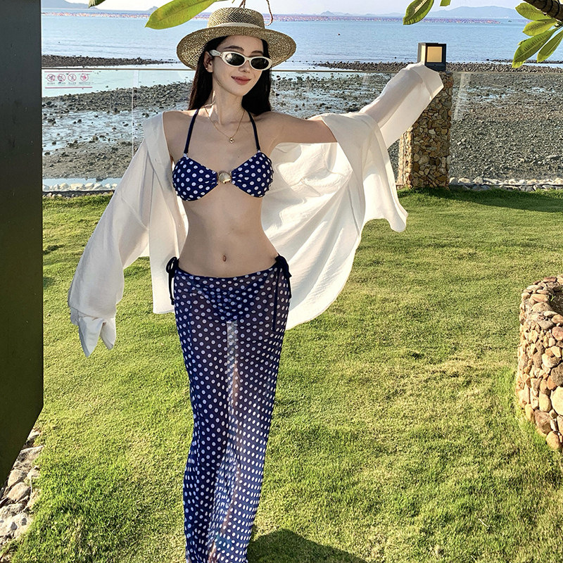 绝美蓝色波点抹胸辣妹长裙绑带比基尼三件套高级感海岛度假泳衣女