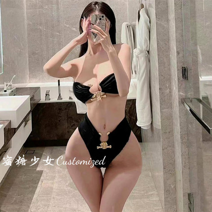 ins欧美性感简约黑色抹胸辣妹比基尼 高级感海边拍照度假风泳衣女