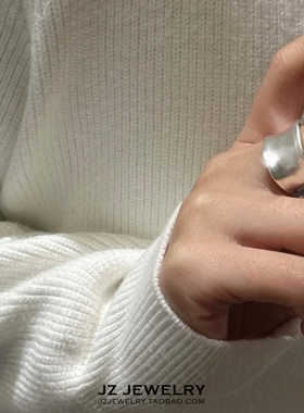 JZ S925纯银带钢印 日韩简约气质 高级冷淡风素圈宽光版开口戒指