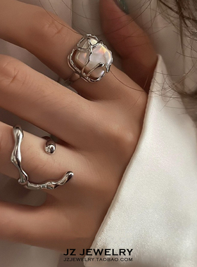 JZ Jewelry欧美925纯银ins冷淡风指环 日韩复古珍珠几何开口戒指