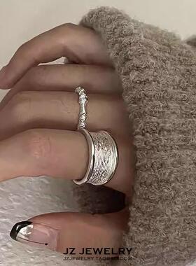 JZ 925纯银带钢印韩国ins简约气质 冷淡风高级感宽边扭转开口戒指