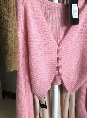 SWHP 正品现货 30羊毛软糯温柔毛衣V领针织开衫春秋冬短款上衣