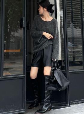 SWHP 正品现货 chao软百搭弹力腰皮短裤春秋冬高腰休闲裤