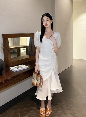 SWHP 正品清仓 优雅天丝荷叶边杏色连衣裙温柔洋气短袖中长裙