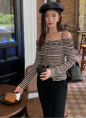 SWHP 品质现货 兰精木代尔一字肩长袖针织衫春秋条纹打底衫上衣